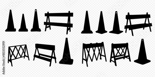 Silhouettes of various road safety equipment including traffic cones and construction barriers on a transparent background, depicting industrial work and urban infrastructure.
