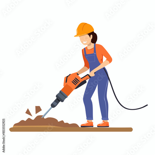 A construction worker uses a jackhammer to break up concrete, demonstrating strength and determination in her work on the project.