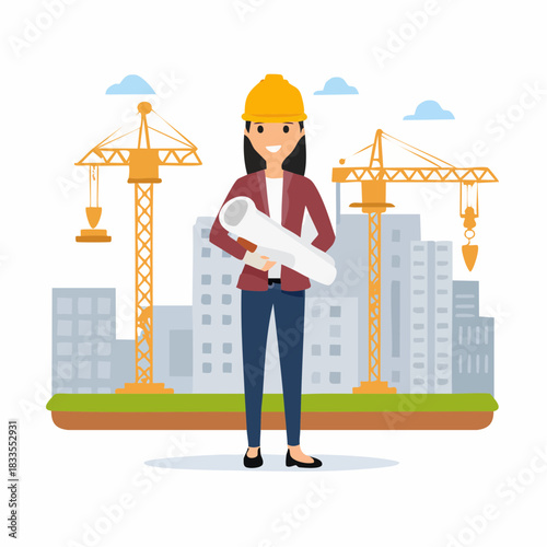 A female architect stands confidently on a construction site, holding blueprints, with cranes and buildings in the background, showcasing urban development.
