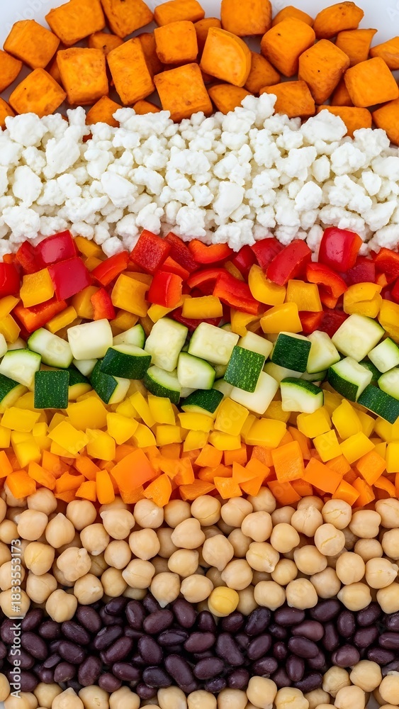 Fototapeta premium Colorful food composition with various healthy ingredients arranged. Vegetarian, organic and balanced diet for culinary creativity. Focus on fresh vegetables and legumes.