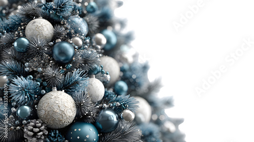 Elegant silver and blue Christmas ornaments adorn frosted tree branches, holiday cheer