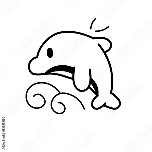 A simple line art of a cute dolphin jumping over swirling waves, drawn in a clean and minimal style.