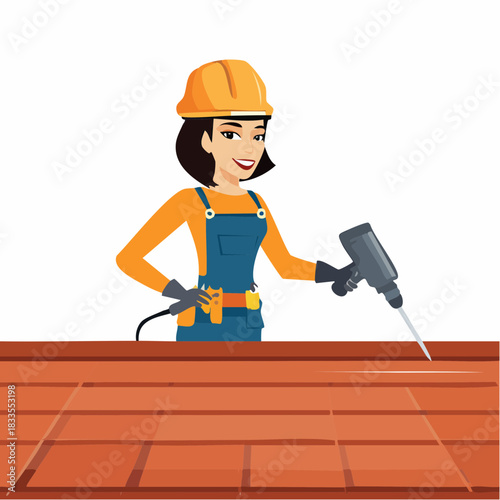 A skilled female construction worker wearing a hard hat uses a drill to work on a red tiled roof with a focused expression.