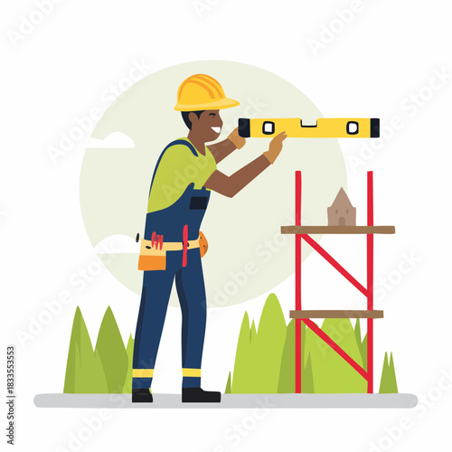 A construction worker uses a level to ensure accuracy during the building process, ensuring the structure is perfectly aligned and stable.
