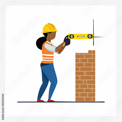 An illustration depicts a female construction worker, wearing a hard hat and safety vest, using a level to align bricks for a wall's construction process.