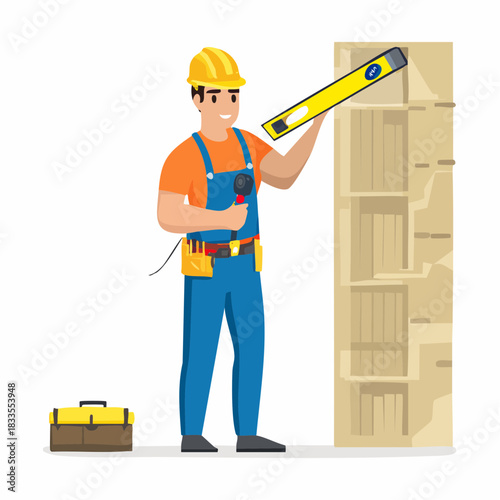 A construction worker uses a level and other tools to build a wooden shelf unit, ensuring precise alignment and professional craftsmanship.