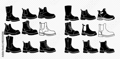 A collection of various boot styles, including tall, ankle, lace-up, and slip-on designs, presented as black silhouettes and outlines.