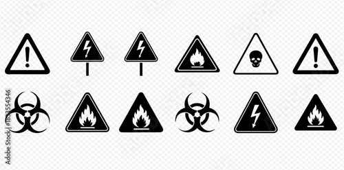 A collection of various black and white warning signs and hazard symbols on a transparent background.