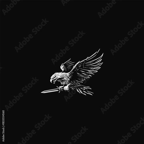 vector illustration depicting a fierce eagle in flight, aggressively clutching a short sword or dagger in its talons