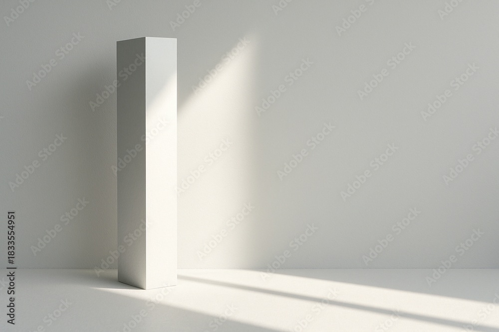 Fototapeta premium Tall minimal white column casting long diagonal sunlight shadows in a clean modern interior