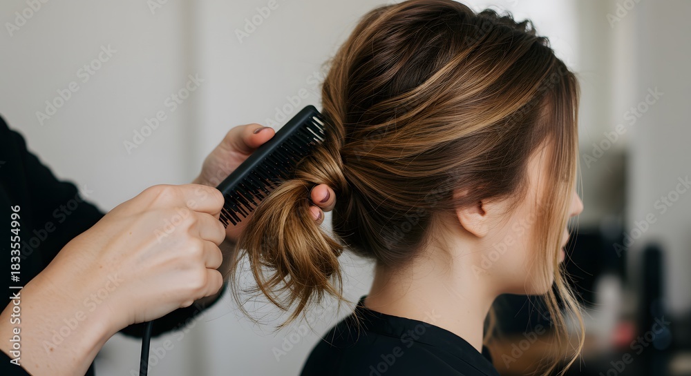 Fototapeta premium Professional Hairstylist Combing and Styling Womans Brown Hair with Highlights