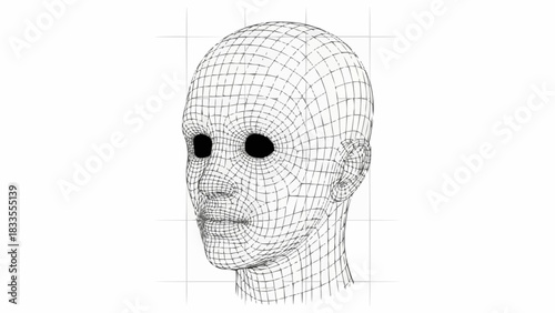 Wireframe Human Head Model with Grid Lines and Black Eyes.