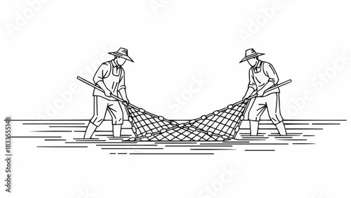 Two Fishermen Hauling a Net in Shallow Water Illustration.