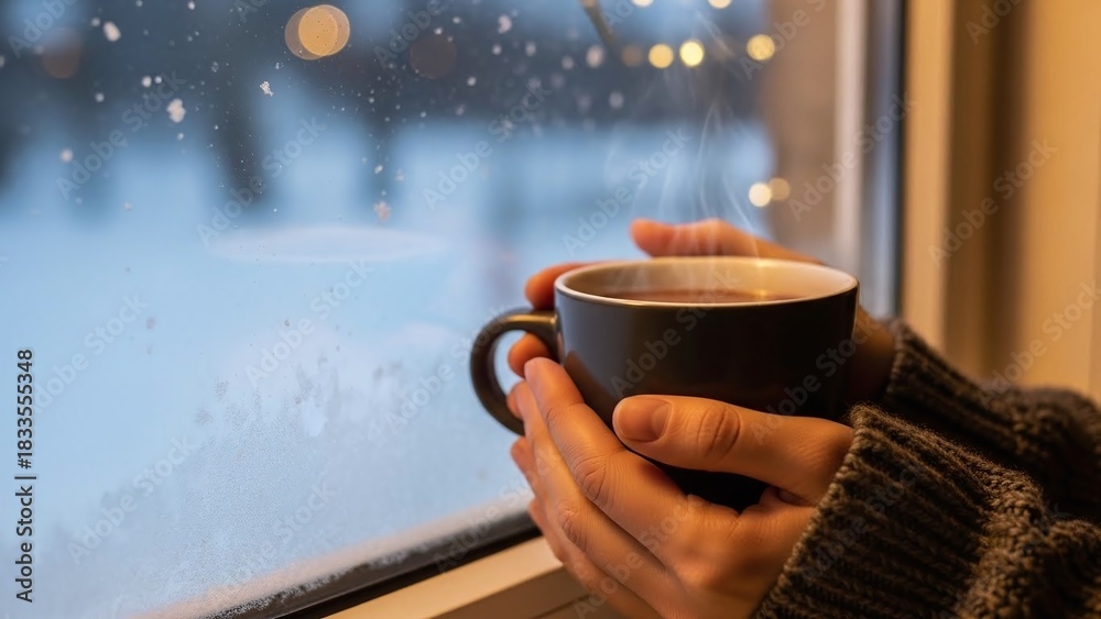 Obraz premium Cozy winter scene of person holding steaming mug looking out at snowy window, perfect for holidays, relaxation, and seasonal themes