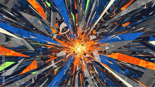 Explosion of abstract geometric shapes and colors.