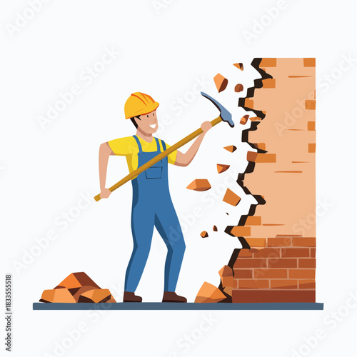 A construction worker in a yellow hard hat and blue overalls uses a pickaxe to demolish a brick wall, creating a dynamic scene.
