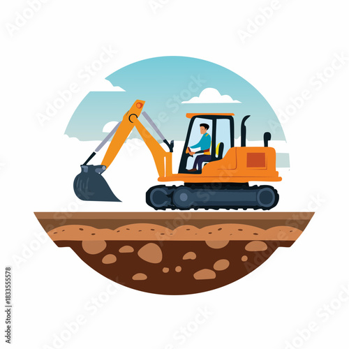 A vibrant illustration showcases a construction worker operating an excavator on a construction site, under a bright, sunny sky with fluffy clouds.