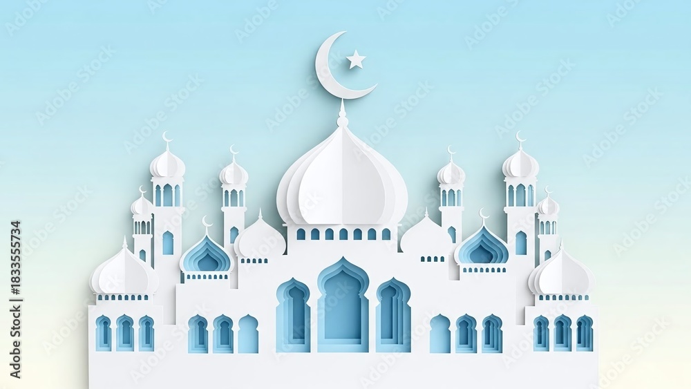 Fototapeta premium Celebrate Ramadan with this elegant mosque design, perfect for greeting cards and festive backdrops, conveying peace and serenity for the holy month
