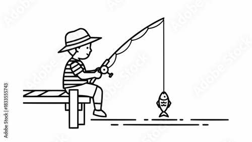 Boy Fishing from Dock with Caught Fish on Hook.