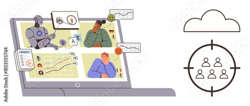 Robot analyzing charts, user profiles with feedback, graphs on a laptop, cloud, and target icons. Ideal for AI, analytics, user experience personalization marketing strategy technology. Simple