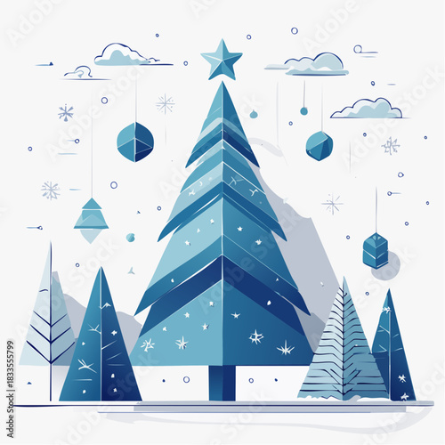 Festive Winter Wonderland A collection of blue Christmas trees, decorations, and holiday elements