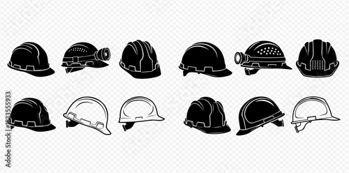A collection of black and white hard hat safety helmets for construction and mining workers.