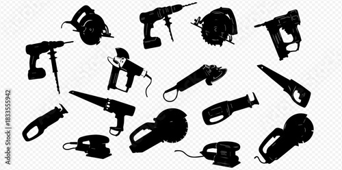 Collection of black silhouettes of various power tools including drills, saws, grinders, and sanders, essential for construction and DIY projects.