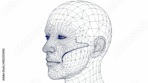 Wireframe Human Head Profile with Blue Eyes Representing Digital Identity and Technology.