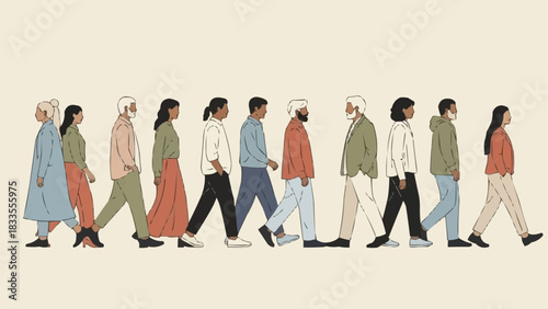 Diverse Group of People Walking Together in Harmony and Unity.