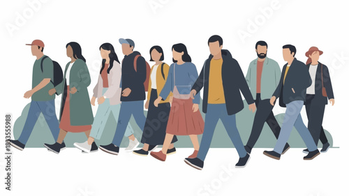 A diverse group of young people walking together in a line.