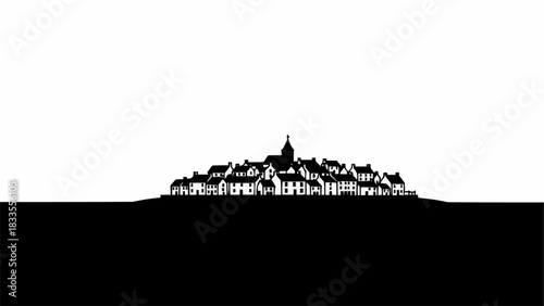 Silhouette of a charming village on a hill, a picturesque scene.