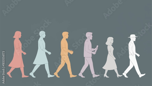Silhouetted Figures Walking in a Row, Diverse Group of People.