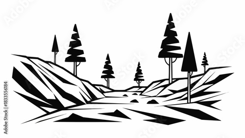 Stylized Black and White Landscape with Pine Trees and Rocky Terrain.