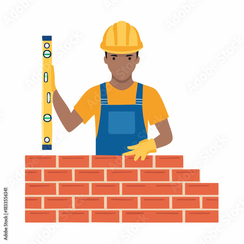 An illustrated construction worker, wearing a yellow hard hat and overalls, builds a brick wall using a level tool for accuracy.