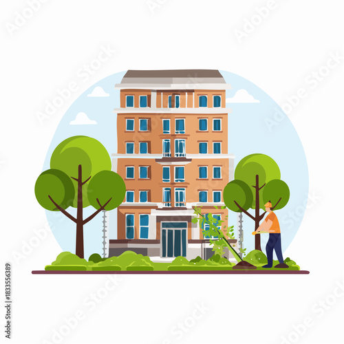 A vibrant illustration of a building with a gardener tending to the plants, creating a harmonious blend of nature and architecture.