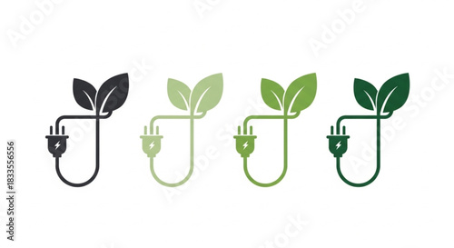 Eco-friendly power source and sustainable energy concept with leaves and power plug icons