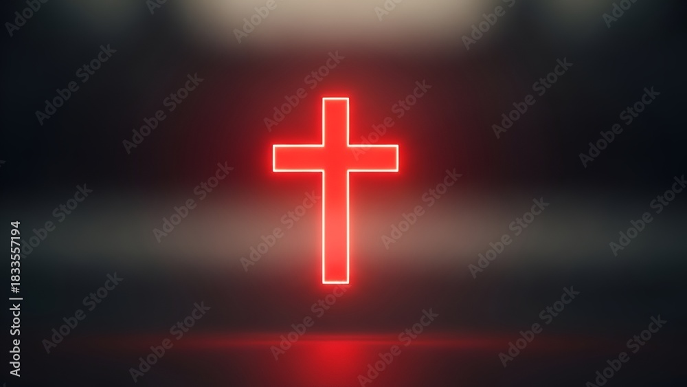 Fototapeta premium Glowing red cross against a dark background symbolizing faith and religion