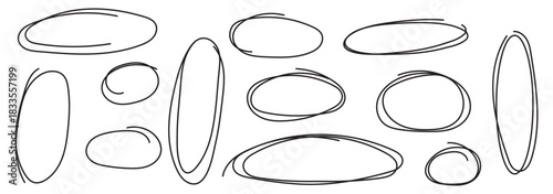 Hand drawn black crayon ovals and circles set. Ellipses in red pencil doodle style. Round freehand shapes, emphasis highlights.