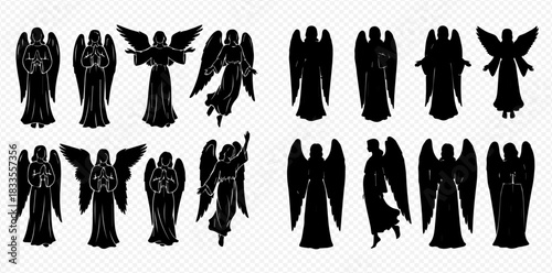A collection of black angel silhouettes in various poses, depicting spiritual and heavenly figures with wings and robes.