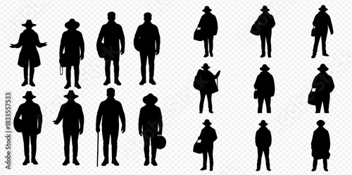 Collection of diverse human figures in silhouette, featuring individuals with hats, briefcases, and canes, standing in various poses.