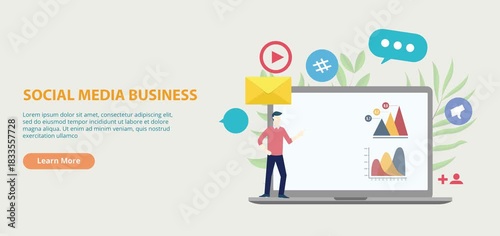 social media business platform with laptop and people standing with some icon spreading around slide from side with video animation or animated motion