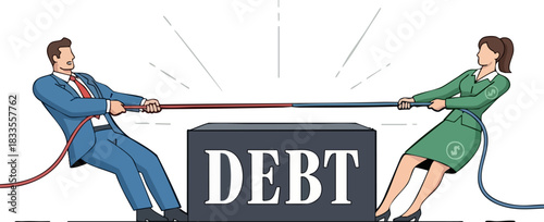 Man and woman in tug of war over debt financial concept