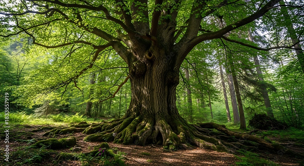 Naklejka premium Majestic old beech tree in a lush green forest landscape.