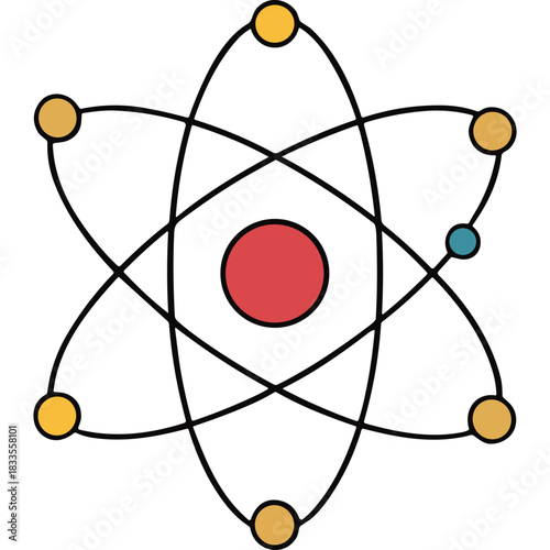 Stylized Atomic Structure with Red Nucleus Yellow Orbiting Electrons on Black Background Scientific Abstract Representation