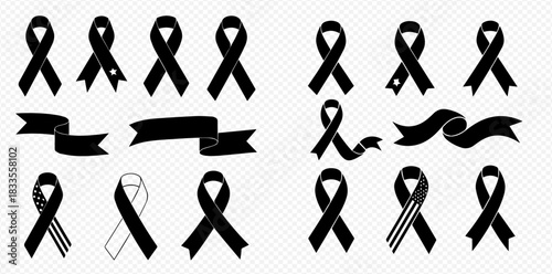 Collection of black awareness and mourning ribbons and banners in various styles.