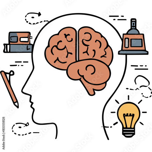Stylized Brain Illustration Showcasing Creative Thoughts and Ideas Emanating From a Human Head Outline with Lightbulb and Pencil Visualizing Innovation and Conceptualization