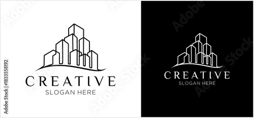 A creative logo template featuring a minimalist city skyline drawn with a single continuous line, shown on black and white backgrounds.