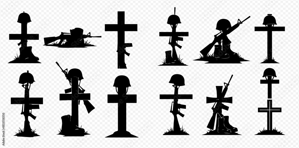 Naklejka premium Collection of black silhouettes depicting military grave markers, featuring crosses, rifles, and helmets, symbolizing remembrance and sacrifice.