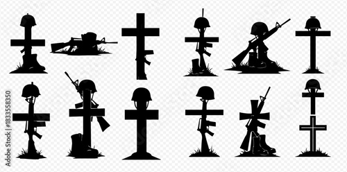 Collection of black silhouettes depicting military grave markers, featuring crosses, rifles, and helmets, symbolizing remembrance and sacrifice.
