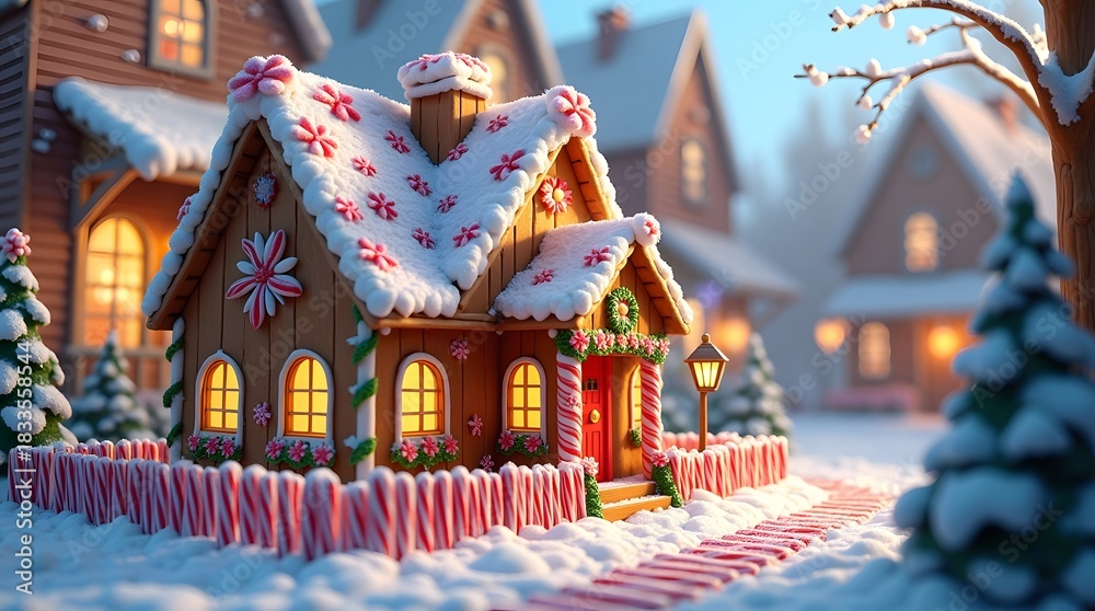 Naklejka premium Charming gingerbread house covered in snow and candy decorations sits in a festive, wintry village scene at twilight